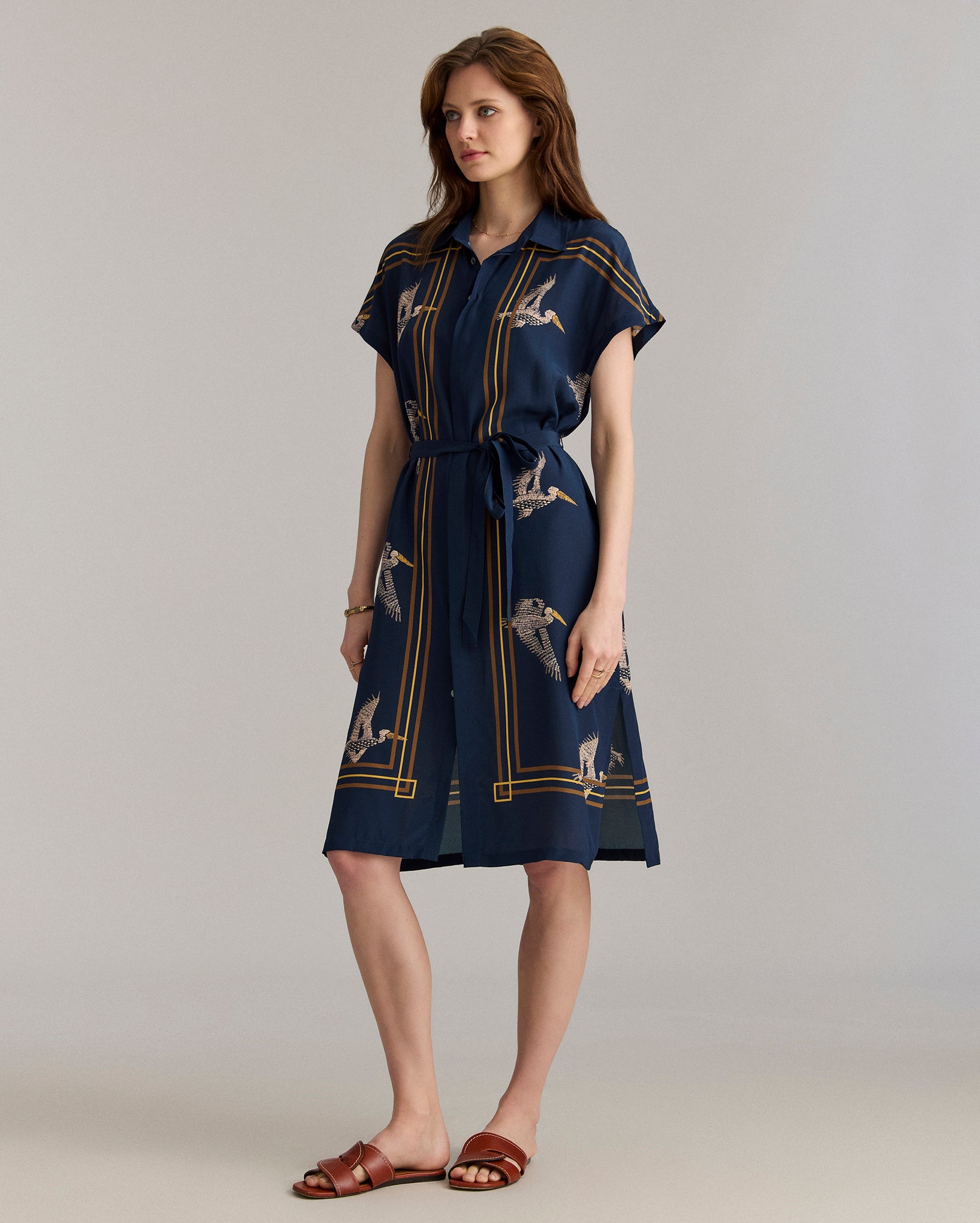Silk Pelican Scarf Print Shirt Dress Navy/Gold Billy Reid