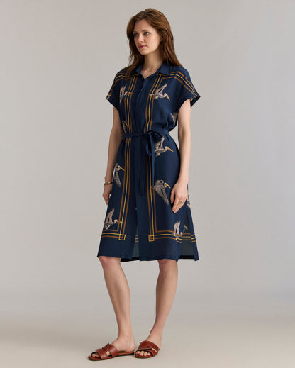 Silk Pelican Scarf Print Shirt Dress Navy/Gold Billy Reid