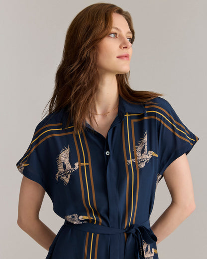 Silk Pelican Scarf Print Shirt Dress Navy/Gold Billy Reid