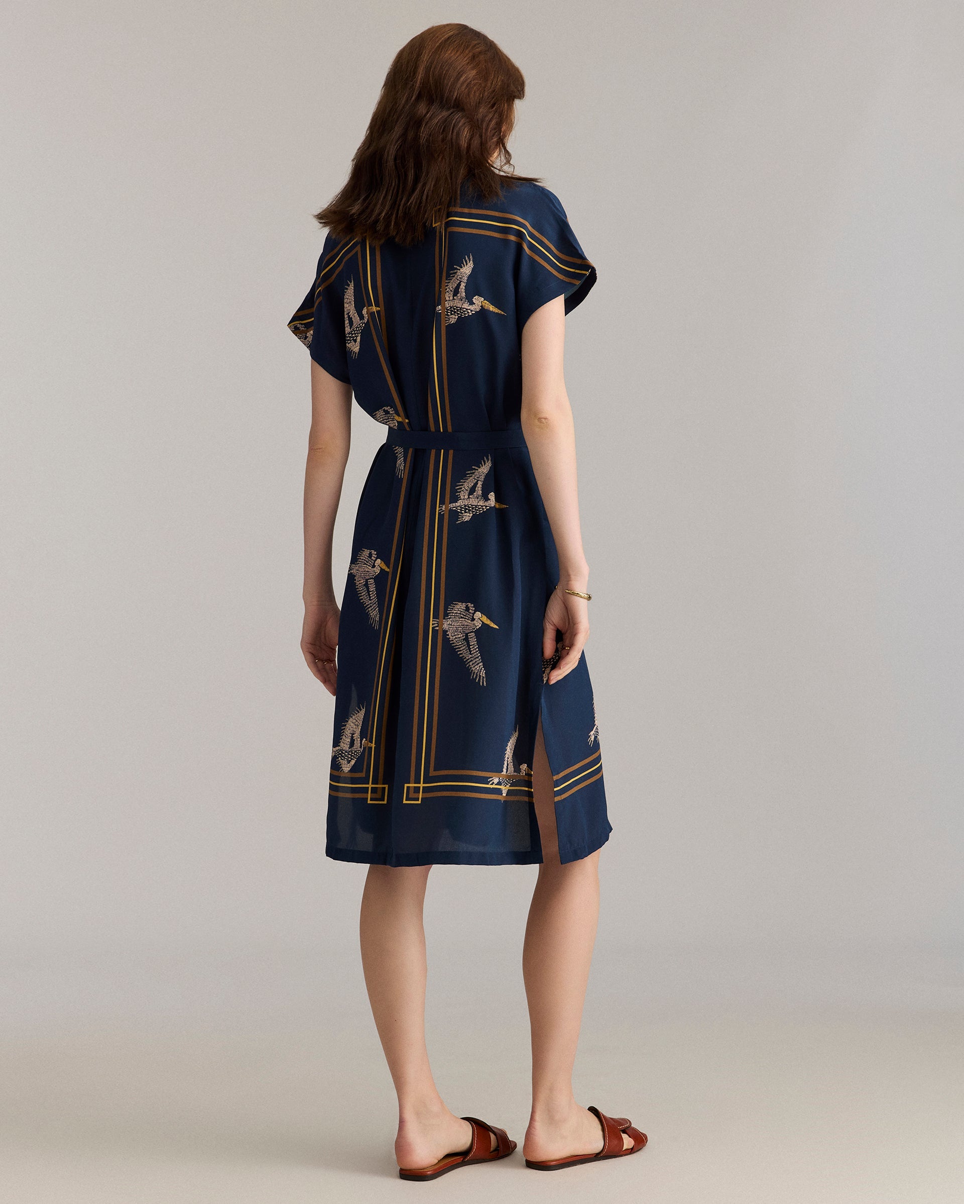 Silk Pelican Scarf Print Shirt Dress Navy/Gold Billy Reid